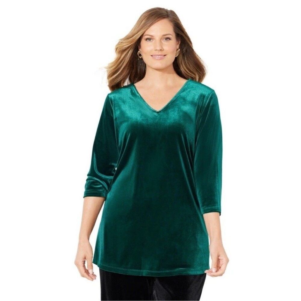 Catherines Anywear Velvet Emerald Green V-Neck Tunic Top Plus Size 5X Holiday